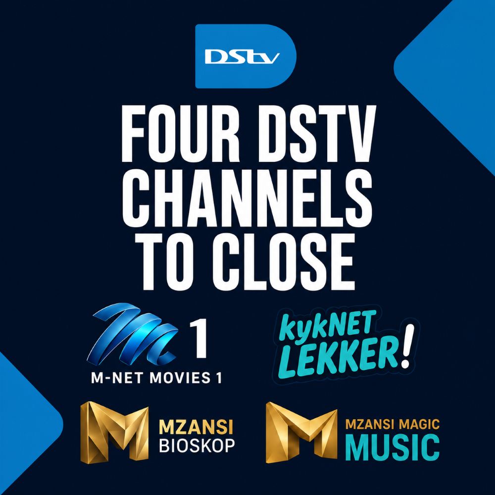 DStv graphic announcing the closure of M-Net Movies 1, kykNET Lekker, Mzansi Bioskop, and Mzansi Music