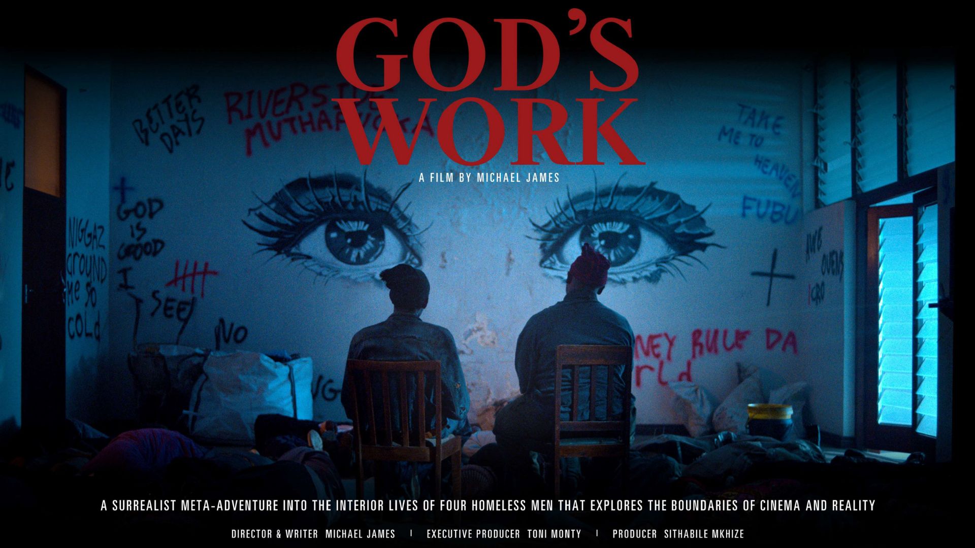 God’s Work film image showing two men seated beneath the title treatment.