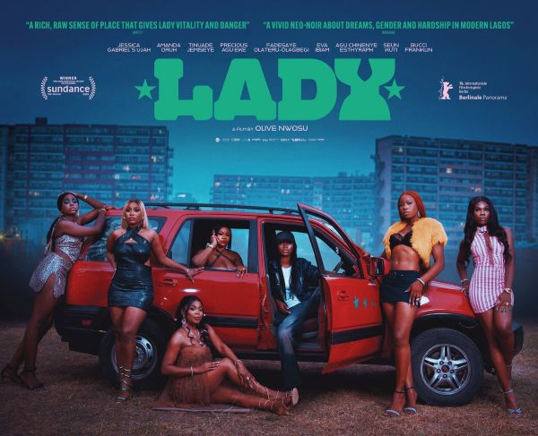 Poster for “Lady,” Olive Nwosu’s feature debut, showing the film’s ensemble around a red car in Lagos.
