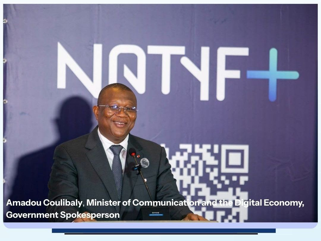 Amadou Coulibaly, Minister of Communication and the Digital Economy, Government Spokesperson, speaking at the Natyf+ launch in Abidjan