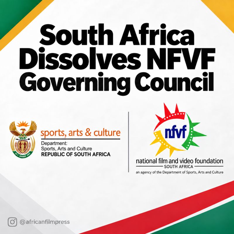 Graphic stating South Africa dissolves the NFVF Governing Council, with the South African Department of Sports, Arts and Culture and NFVF logos.