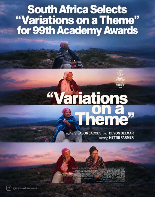 Graphic announcing South Africa’s selection of Variations on a Theme for the 99th Academy Awards, featuring Hettie Farmer in stills from the film.